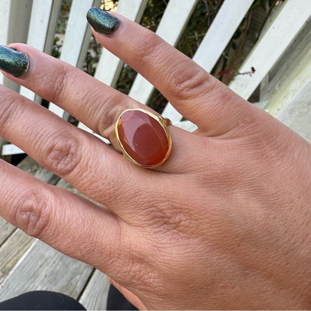 Egg-Shaped Orange Carnelian and Yellow Gold-Plated 925 Silver Ring